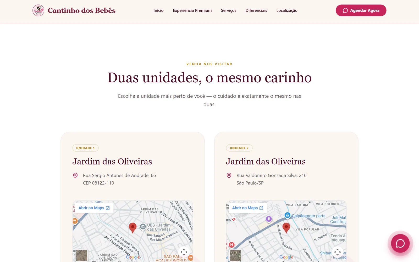 Tela do site Cantinho dos Bebês