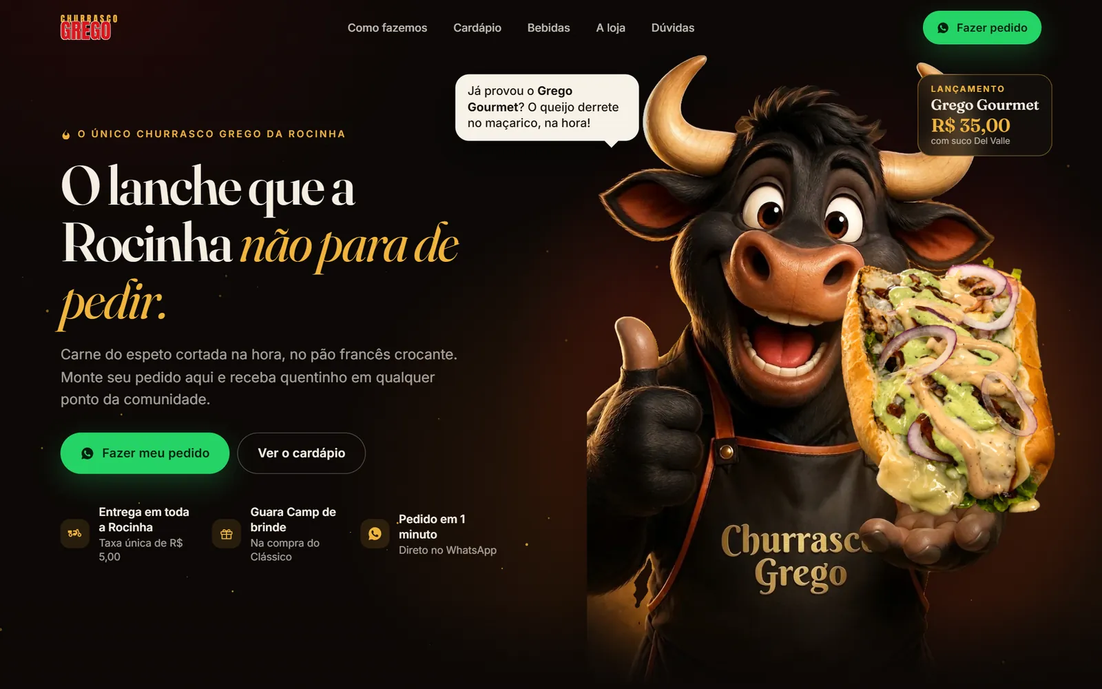 Página inicial do site Churrasco Grego da Rocinha no computador