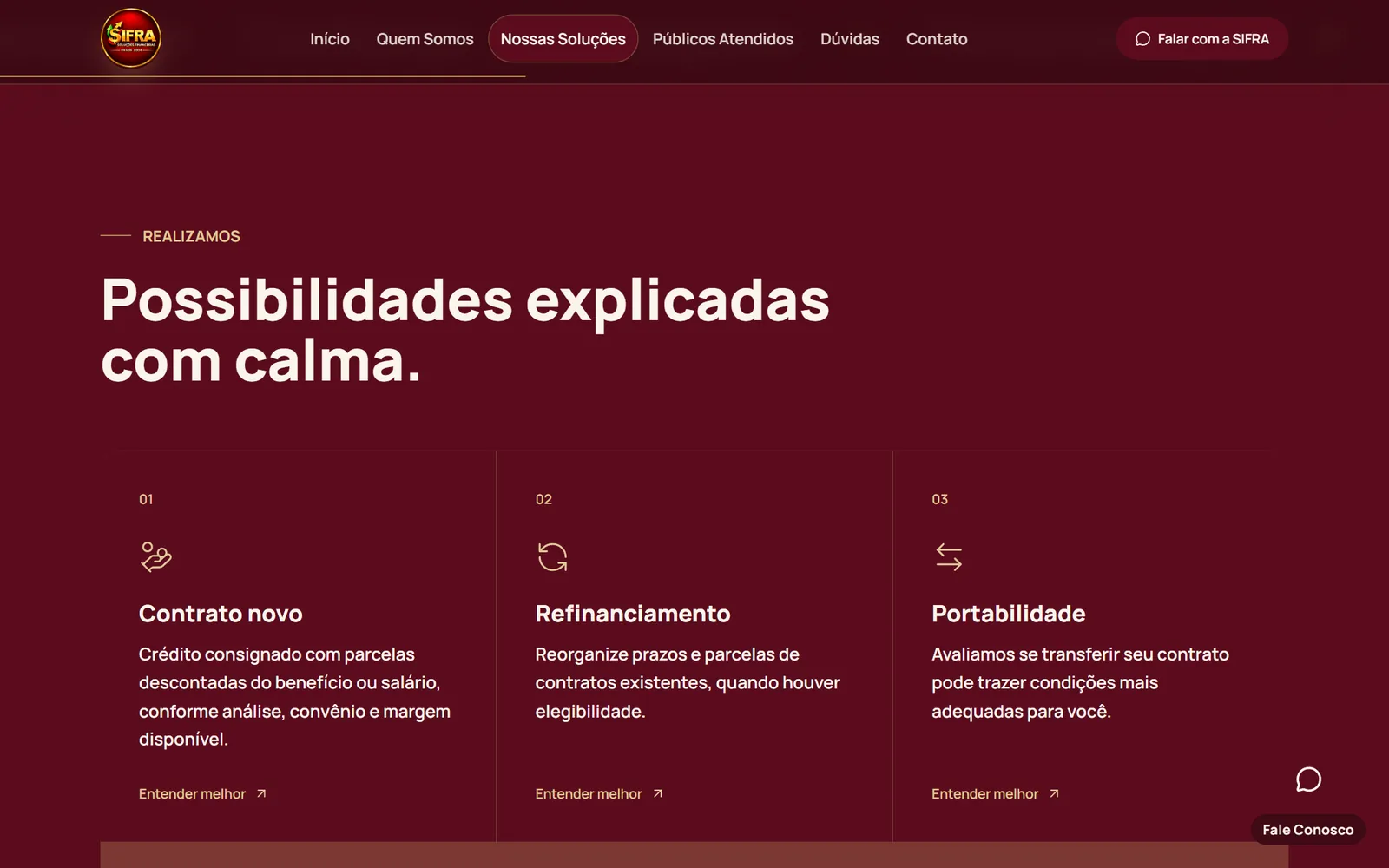 Tela do site Sifra Consultoria Financeira