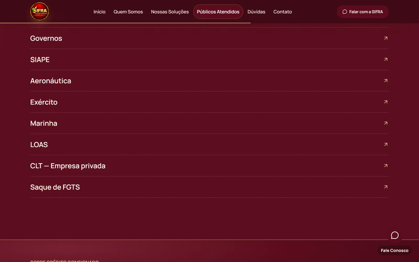 Tela do site Sifra Consultoria Financeira