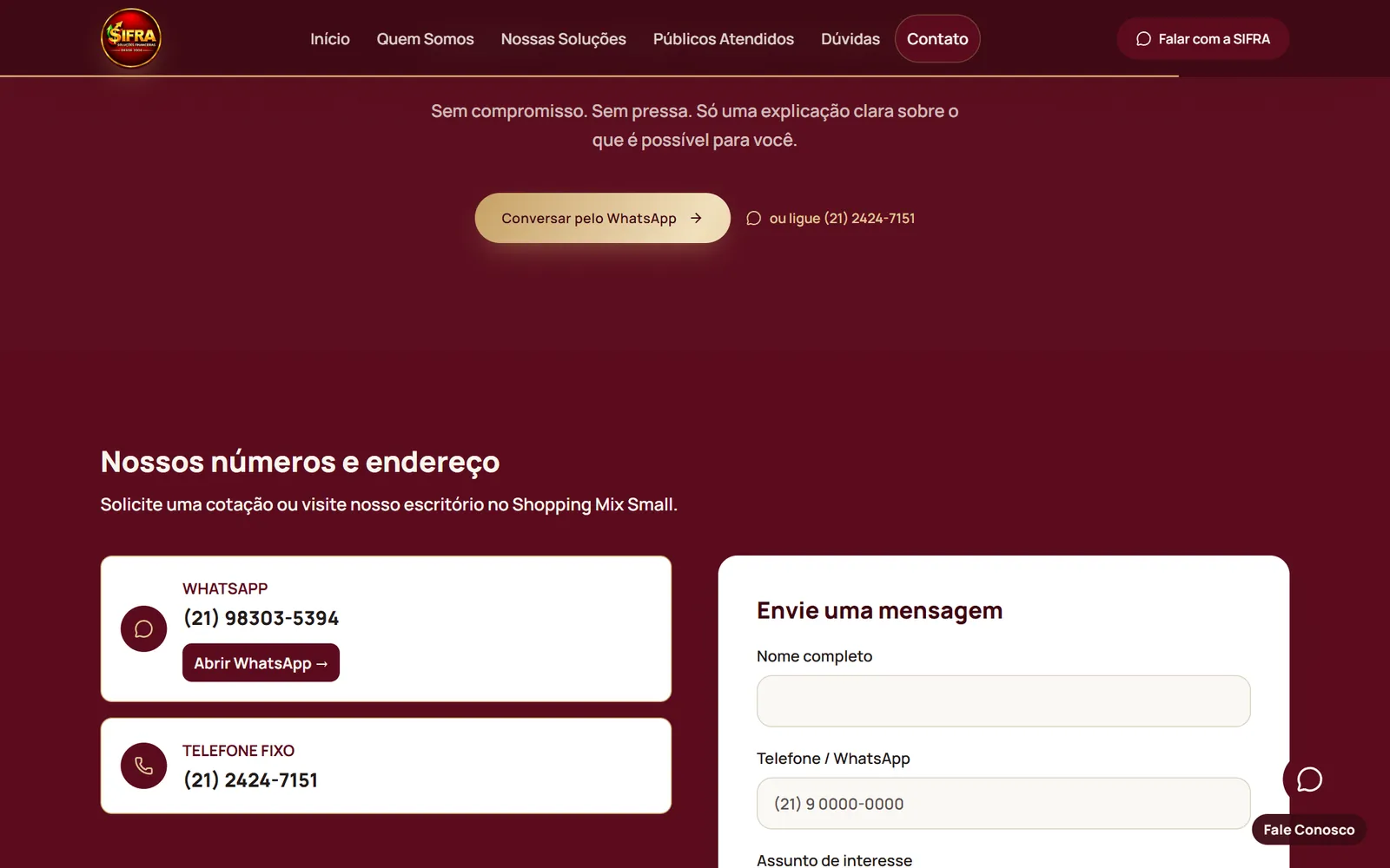 Tela do site Sifra Consultoria Financeira
