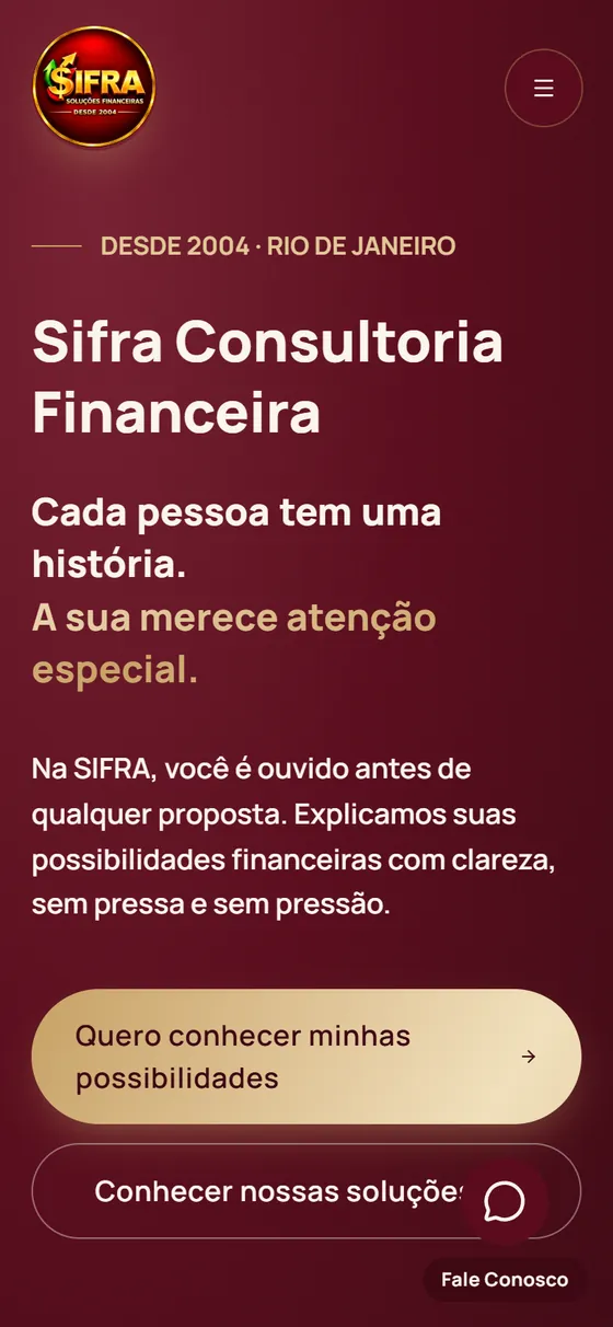 Site Sifra Consultoria Financeira no celular
