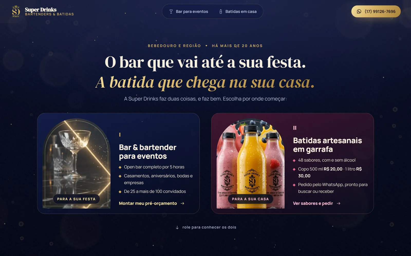 Página inicial do site Super Drinks — Bartenders & Batidas no computador