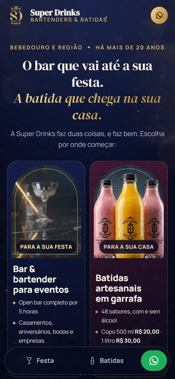 Site Super Drinks — Bartenders & Batidas no celular